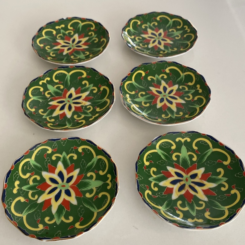 6 vintage small Porcelain Kashmiri plates/ saucersTakahashi San Francisco 1981